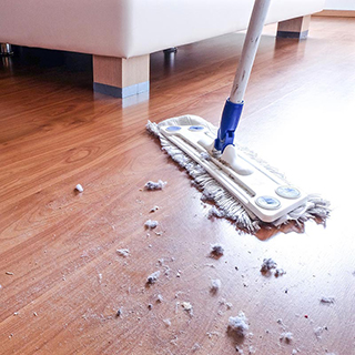 pile of dust on the floor being swept by a push broom