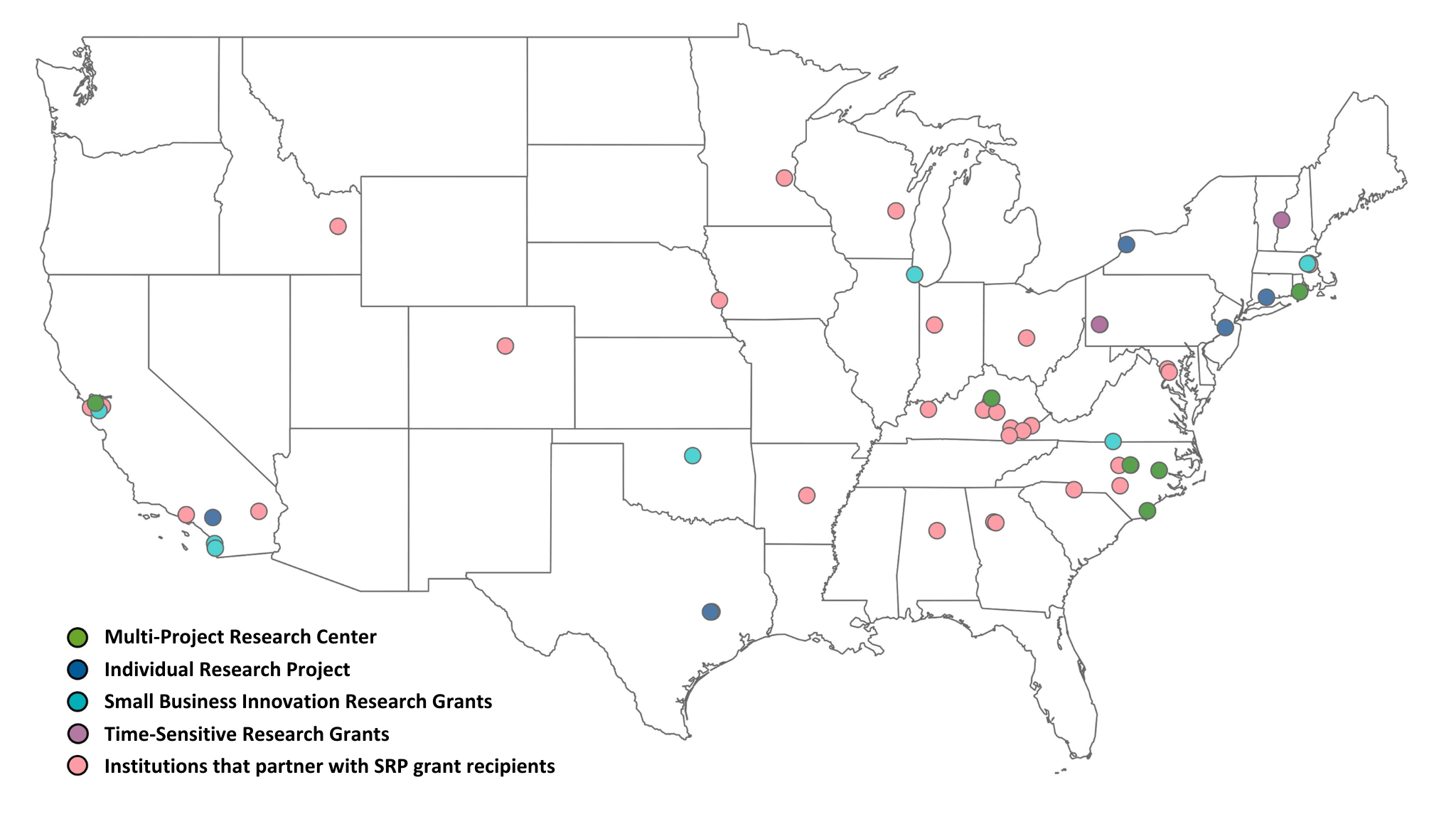 Map of SRP grant recipients that focus their research efforts on PFAS.
