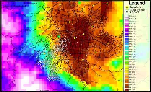 Heat map of Mexico City showing pm 2.5 as estimated by satellite measures in 2011. Note: study population homes are spread across region of greatest spatial variability (lower left white dotes).