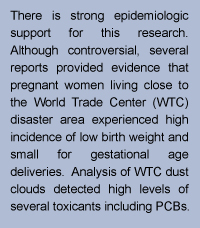 text box stating:There is strong epidemiologic support for this research. Although controversial, several reports provided evidence that preganta woment living close to the World Trade Center (WTC) disaster area experienced high incidence of low birth weight and small for gestational age deliveries. Analysis of WTC dust clouds detected high levels of several toxicants including PCBs.