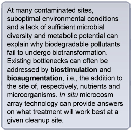 Text box stating: At many contaminated sites, suboptimal environmental conditions and a lack of sufficient microbial diversity and metabolic potential can explain why biodegradable pollutants fail to undergo biotransformation. Existing bottlenecks can often be addressed by biostimulation and bioaugmentation, i.e., the addition to the site of, respectively, nutrients and microorganisms. In situ microcosm array technology can provide answers on what treatment will work best at a given cleanup site.