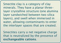 Text box stating: Smectite clay is a category of clay minerals. They have a three-layer crystalline structure (one alumina and two silica layers), and swell when immersed in water. Smectites carry a net negative charge that is neutralized by the presence of exchangeable cations.