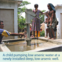image of a child pumping low arsenic water at a newly installed deep, low-arsenic well.