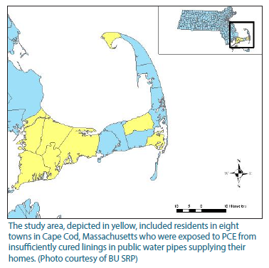 Image of the study area depicting the eight towns in Cape Cod, Massachusetts who were exposed to PCE from insufficiently cured linings in public water supplies.