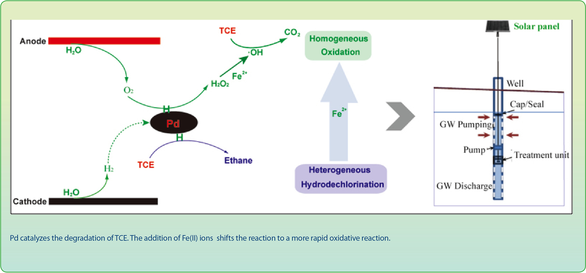 diagram of Pd catalyzes the degradation of TCE. The addition of Fe(II) ions  shifts the reaction to a more rapid oxidative reaction.