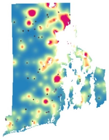 Heat map showing risk of PFAS contamination in Rhode Island