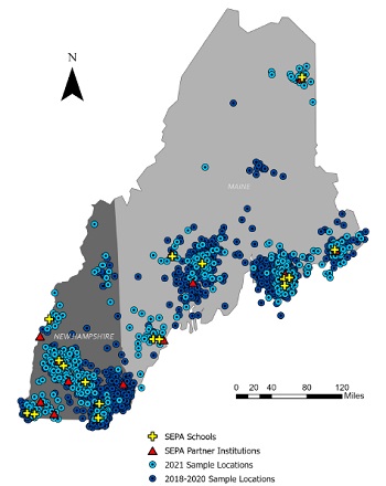 Map of NH and ME with dots indicating well water sampling sites