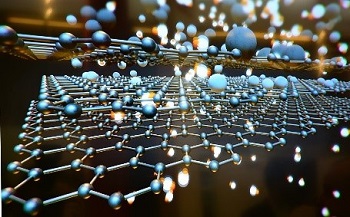 Graphic of a graphene sheet diagram with blue balls floating overhead