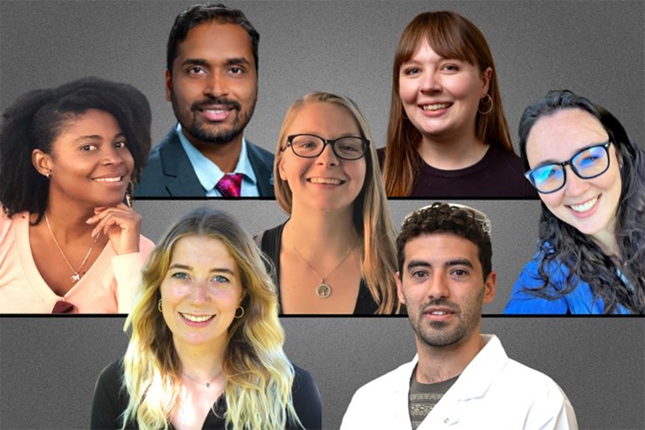 Top row, from left: Avinash Kumar, Ph.D., and Rebecca Dickman. Middle row, from left: Martine Mathieu, Charlotte Wirth, and Laura Dean, Ph.D. Bottom row, from left: Melissa Woodward and Francisco Leniz