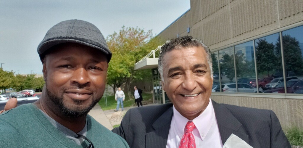 T. Sturdivant (left), business agent for OPCMIA Local 633, pictured with Abe Hassan, former coordinator for the St. Paul ECWTP. (Photo courtesy of Steve Surtees, CPWR)
